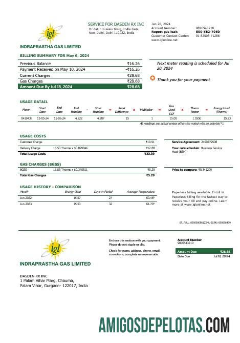 imprimível Modelo de conta de serviços públicos de gás Indraprastha da Índia em formatos Word e PDF